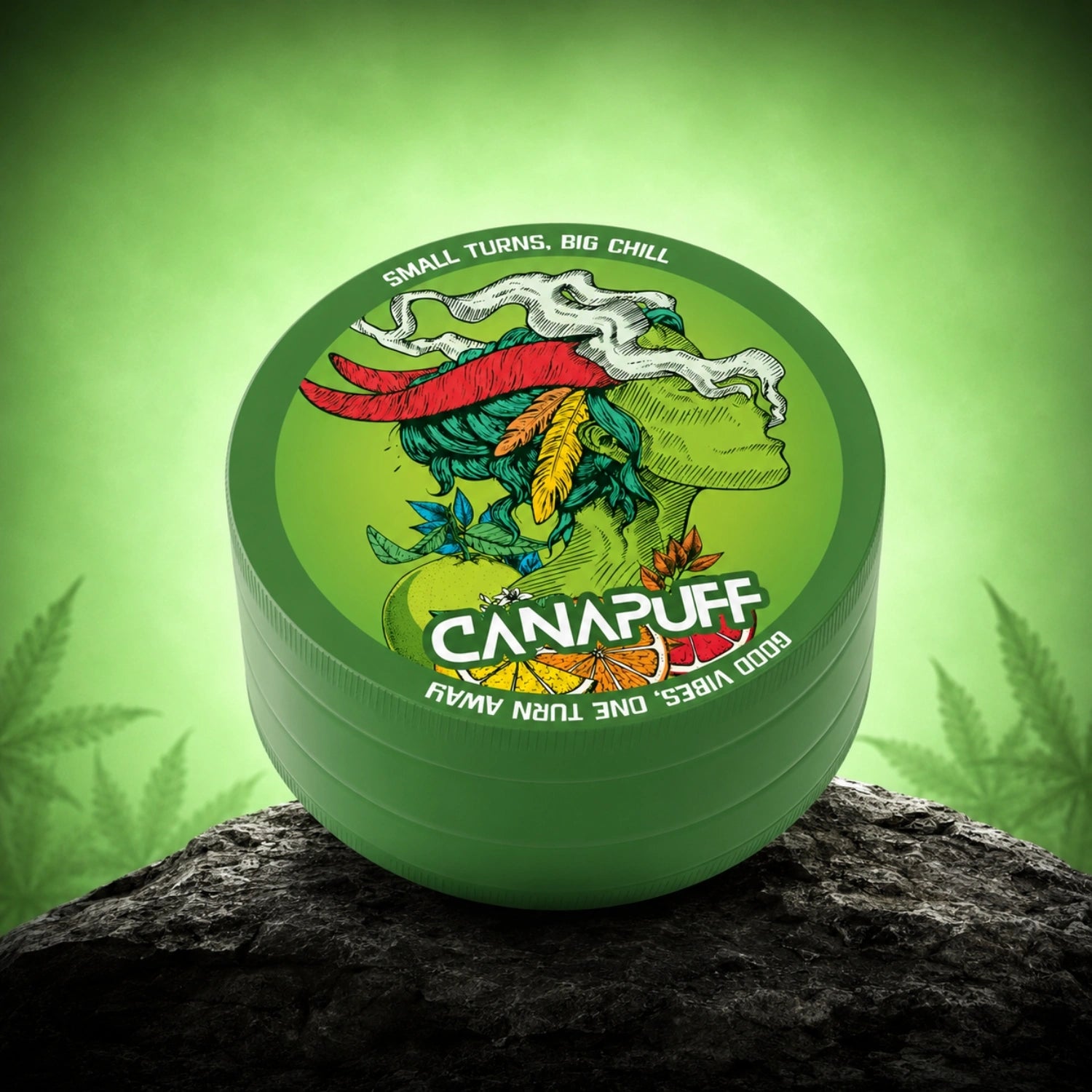 Canapuff Metal Grinder Green Crack herb grinder with colorful mascot design