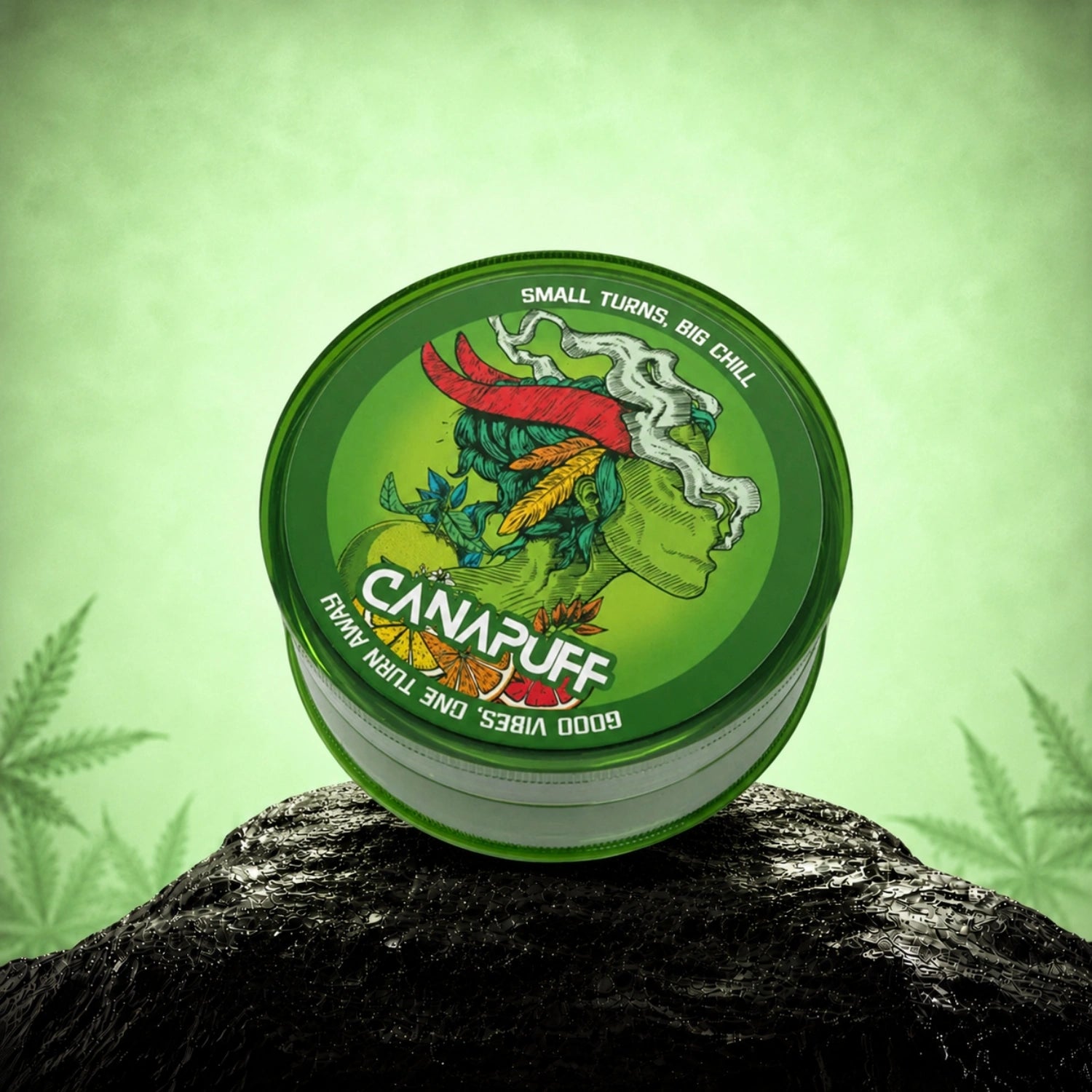 Canapuff Mini Grinder Green Crack with illustration on green metal container