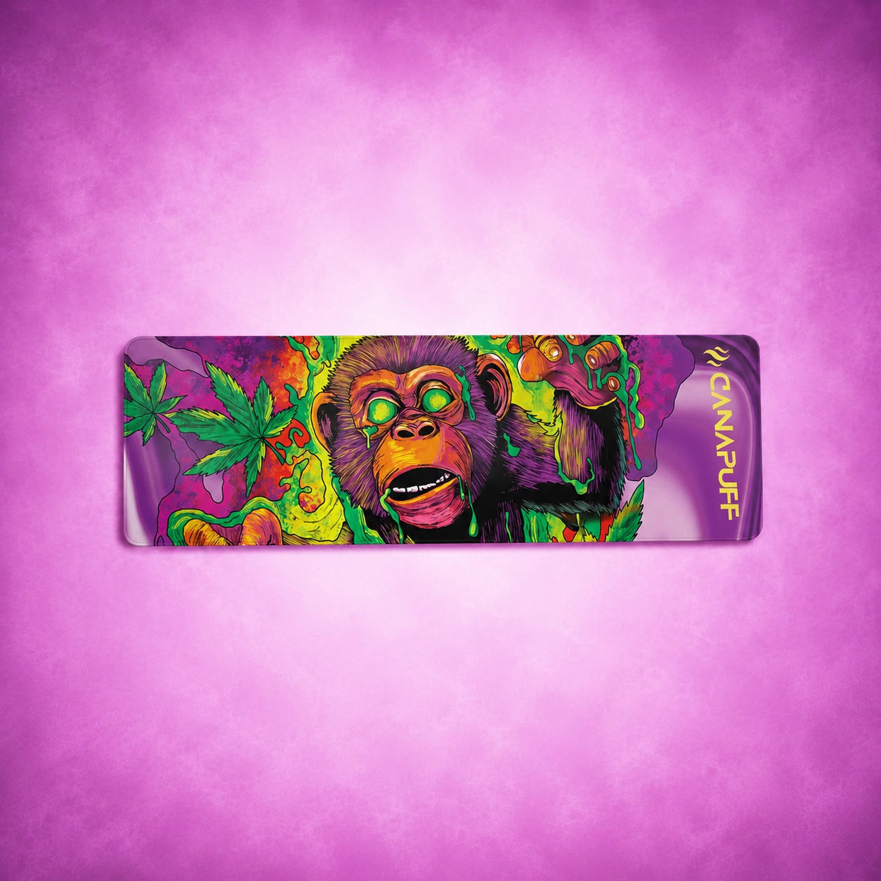 Canapuff Mouse Pad Monkey Glue with colorful monkey artwork and hemp leaf design