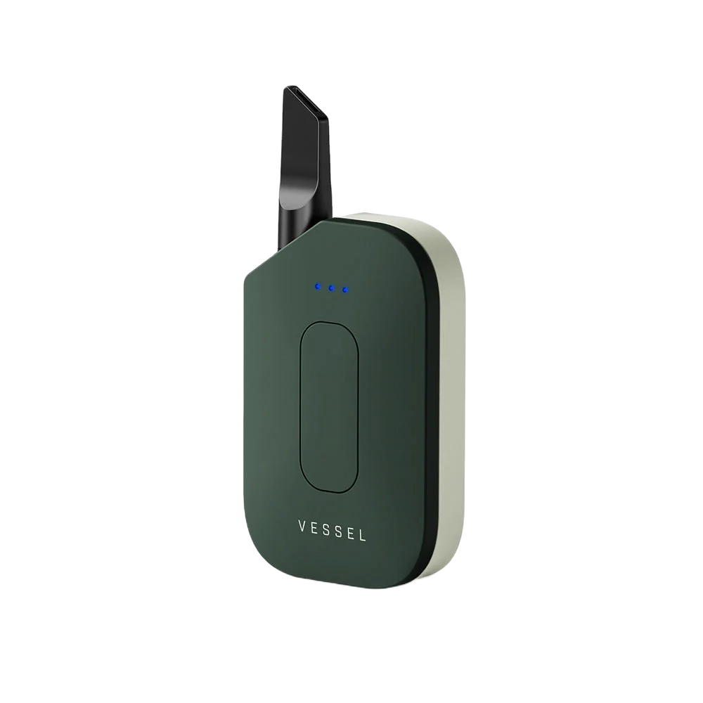 Vessel Compass Rise vape device in sage green with black mouthpiece and charging clip