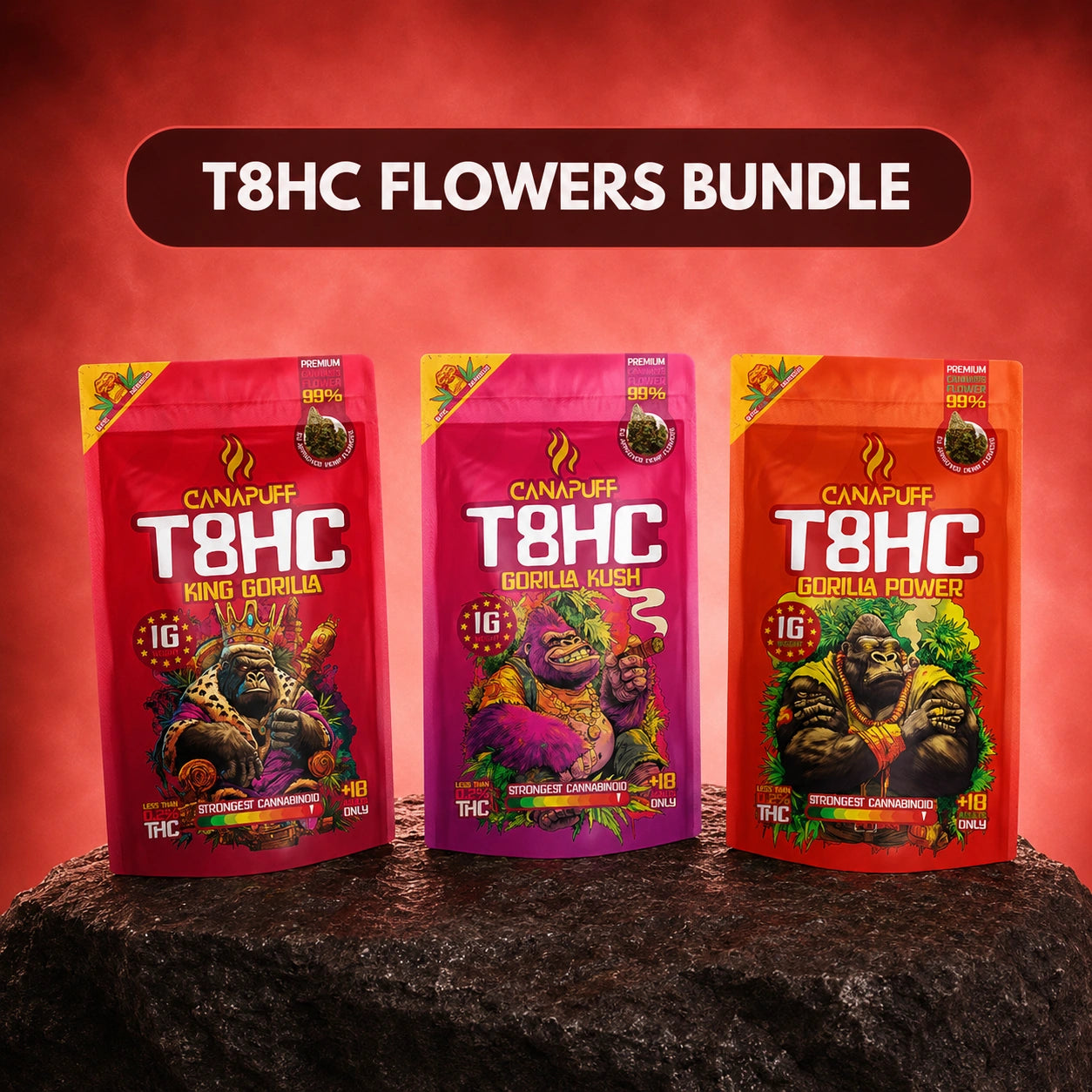 Canapuff T8HC Flowers Bundle with King Gorilla, Gorilla Kush and Gorilla Power varieties, 3 pouches