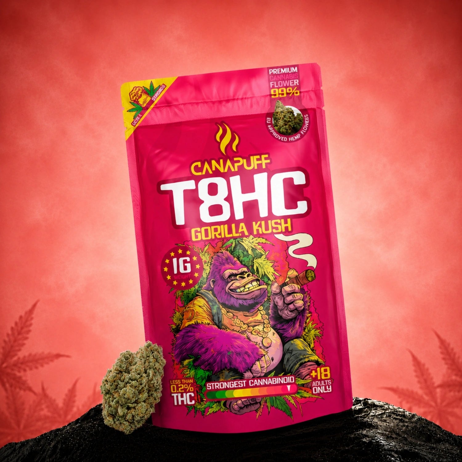 Canapuff T8HC Gorilla Kush flowers 99%, 18g pouch