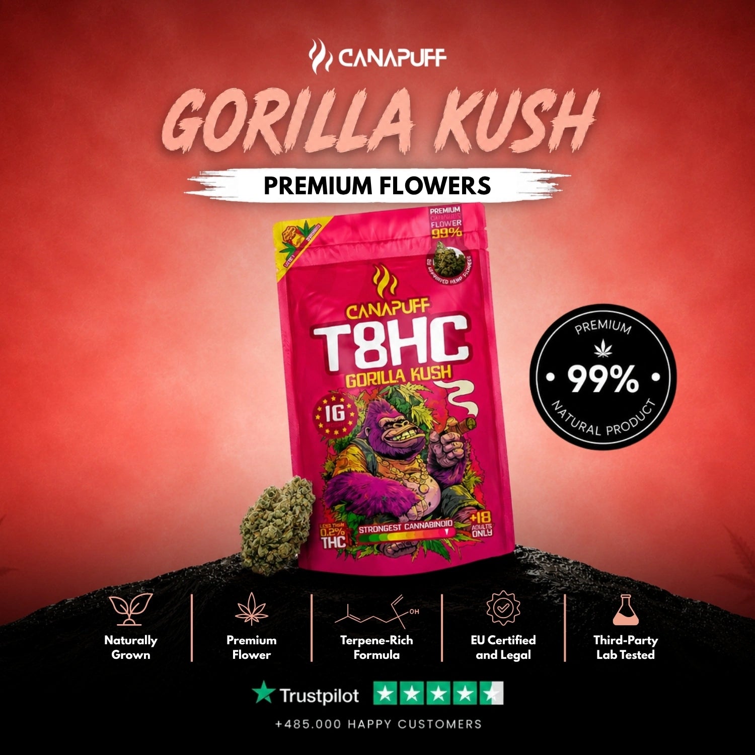T8HC Flowers Gorilla Kush 99%