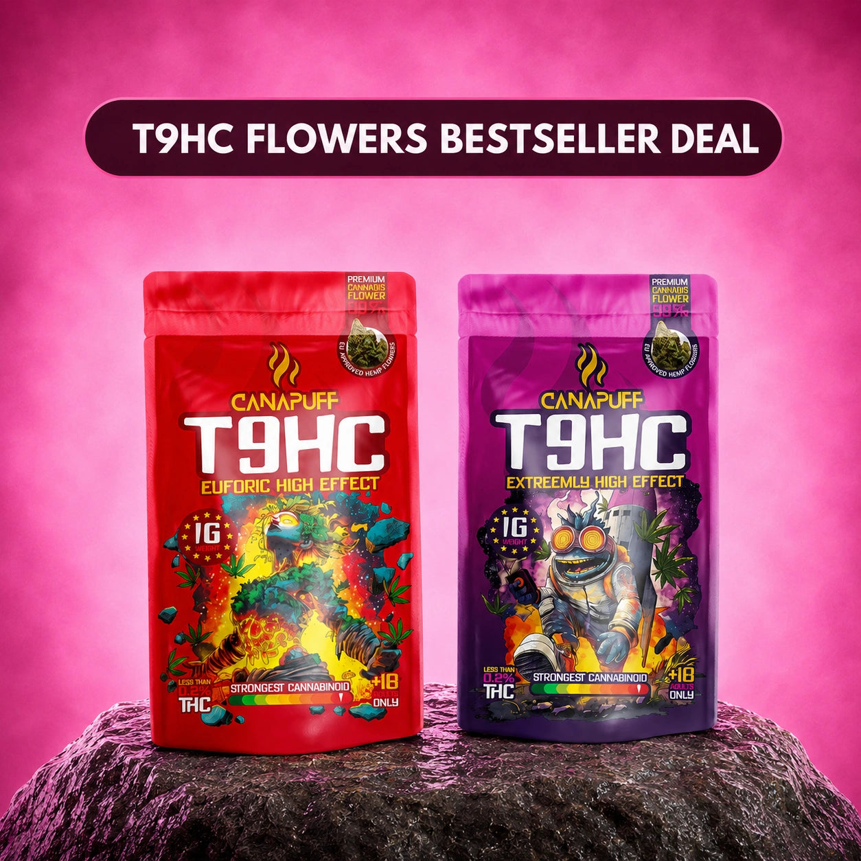 Canapuff T9HC Flowers Bestseller Deal, 2 pouches 1g each, hemp-derived Delta-9 THC flowers