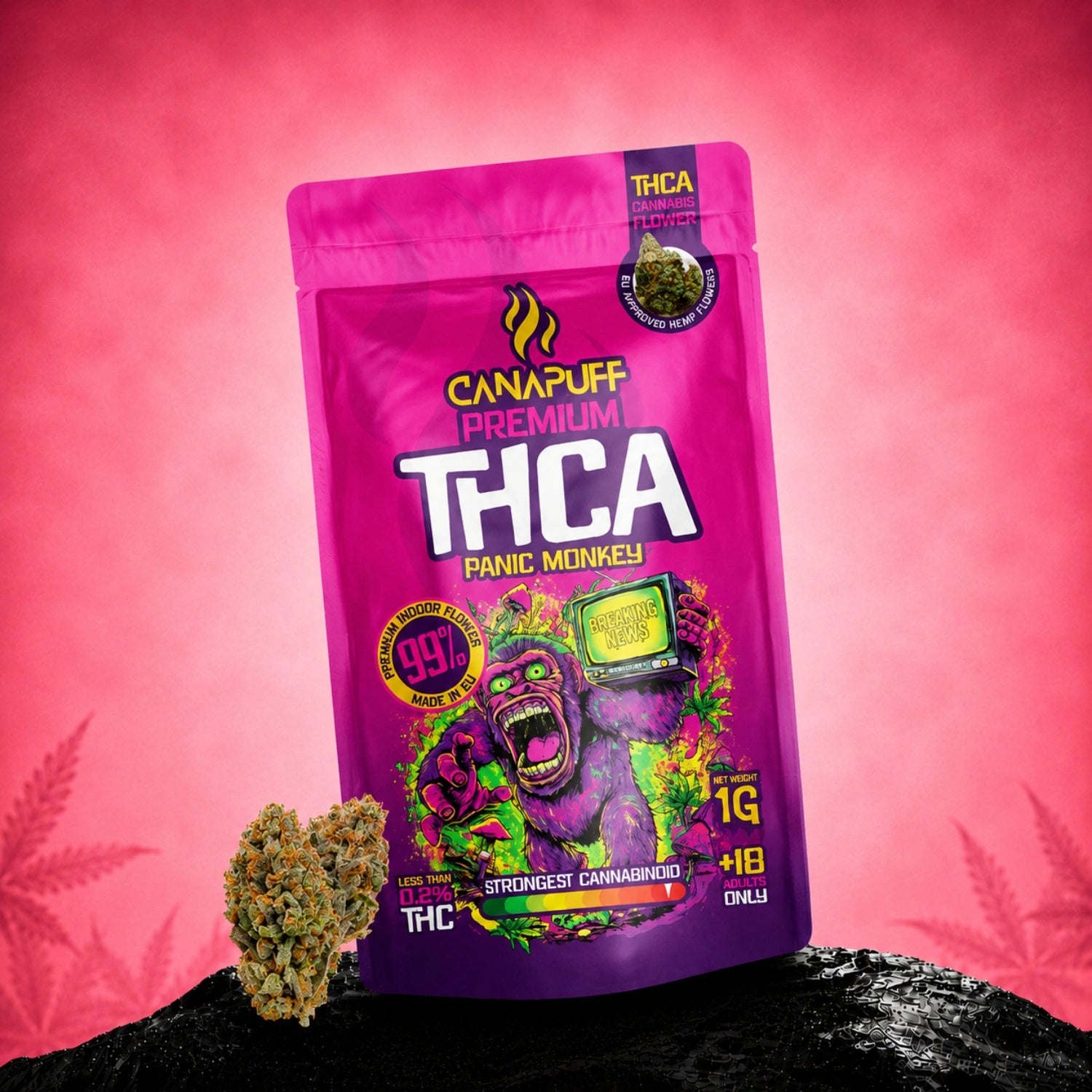 Canapuff THCA Panic Monkey flowers 1g pouch, 99% hemp-derived cannabinoid