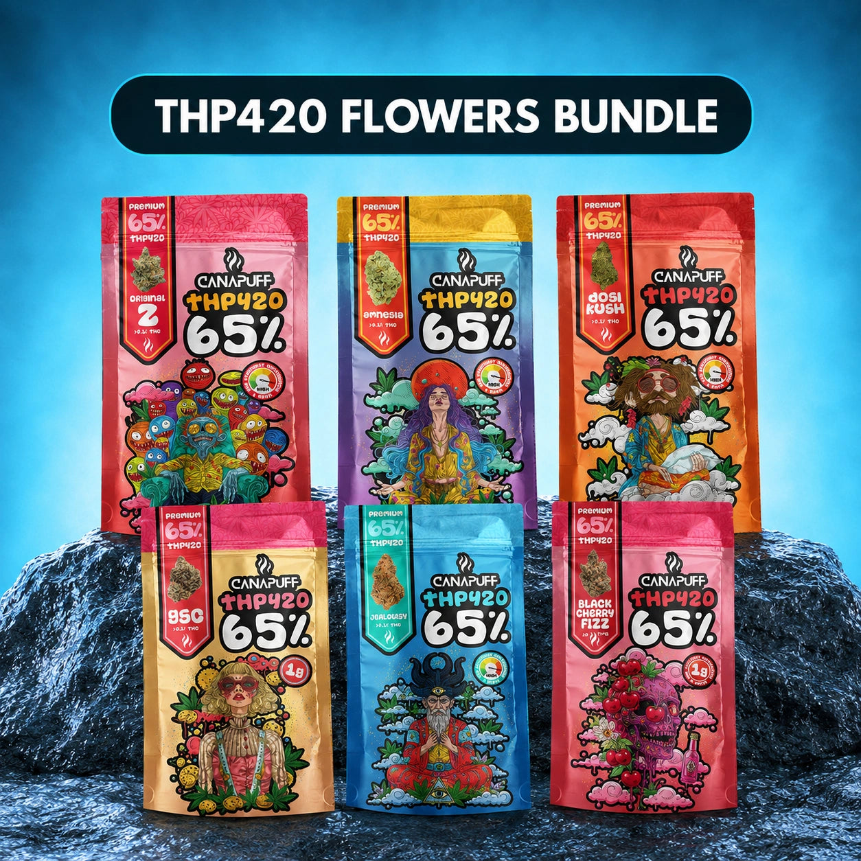 Canapuff THP420 flowers bundle, six flavor pouches with 65% hemp-derived cannabinoids