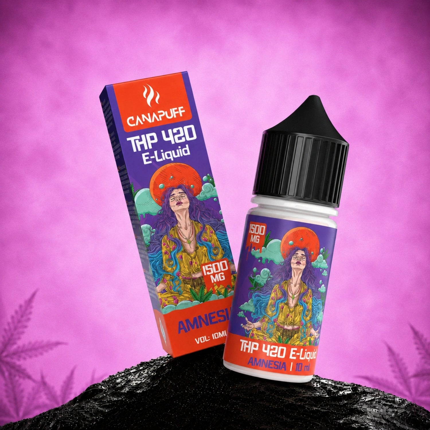 Canapuff THP 420 E-Liquid Amnesia 1500 mg, 10 ml bottle with box packaging