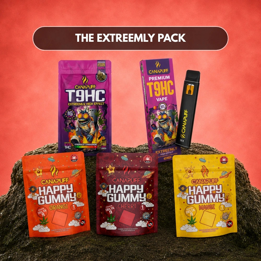 Canapuff Extreemly Pack bundle with T9HC flowers, vape pen, and Happy Gummy pouches