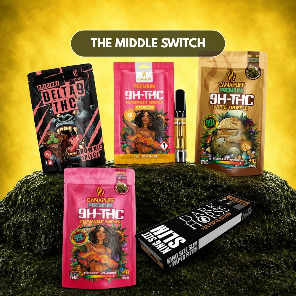 Canapuff The Middle Switch collection with 9H-THC vapes, flowers, cartridges and smoking accessories