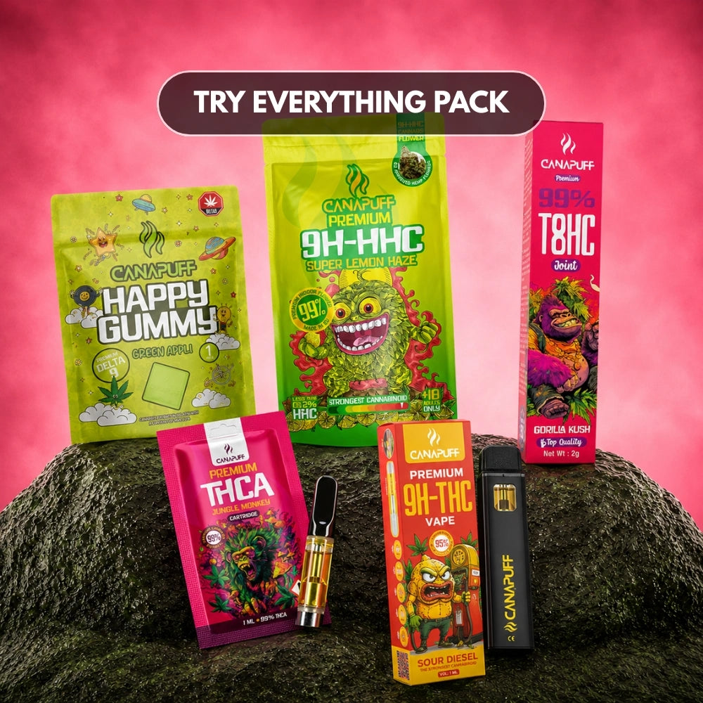 Canapuff Try Everything Pack bundle with gummies, flowers, vape and cartridge