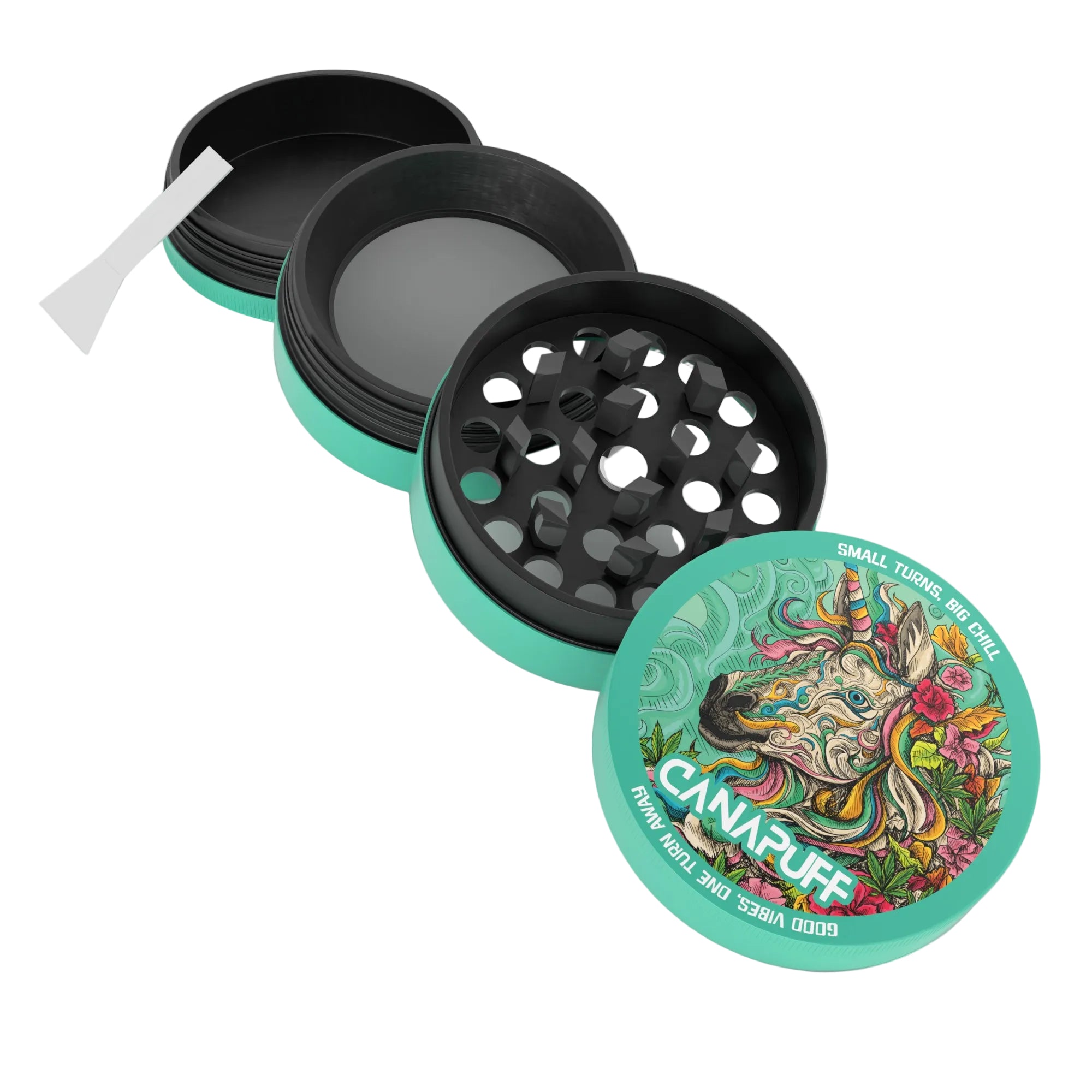 Canapuff Metal Grinder Unicorn Piss, small turquoise with black grinding chamber