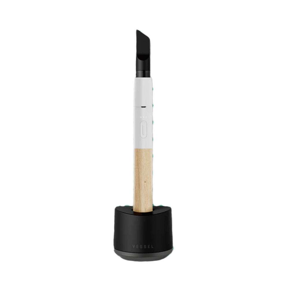Vessel Craftsman vape pen in white with beechwood accents and charging dock