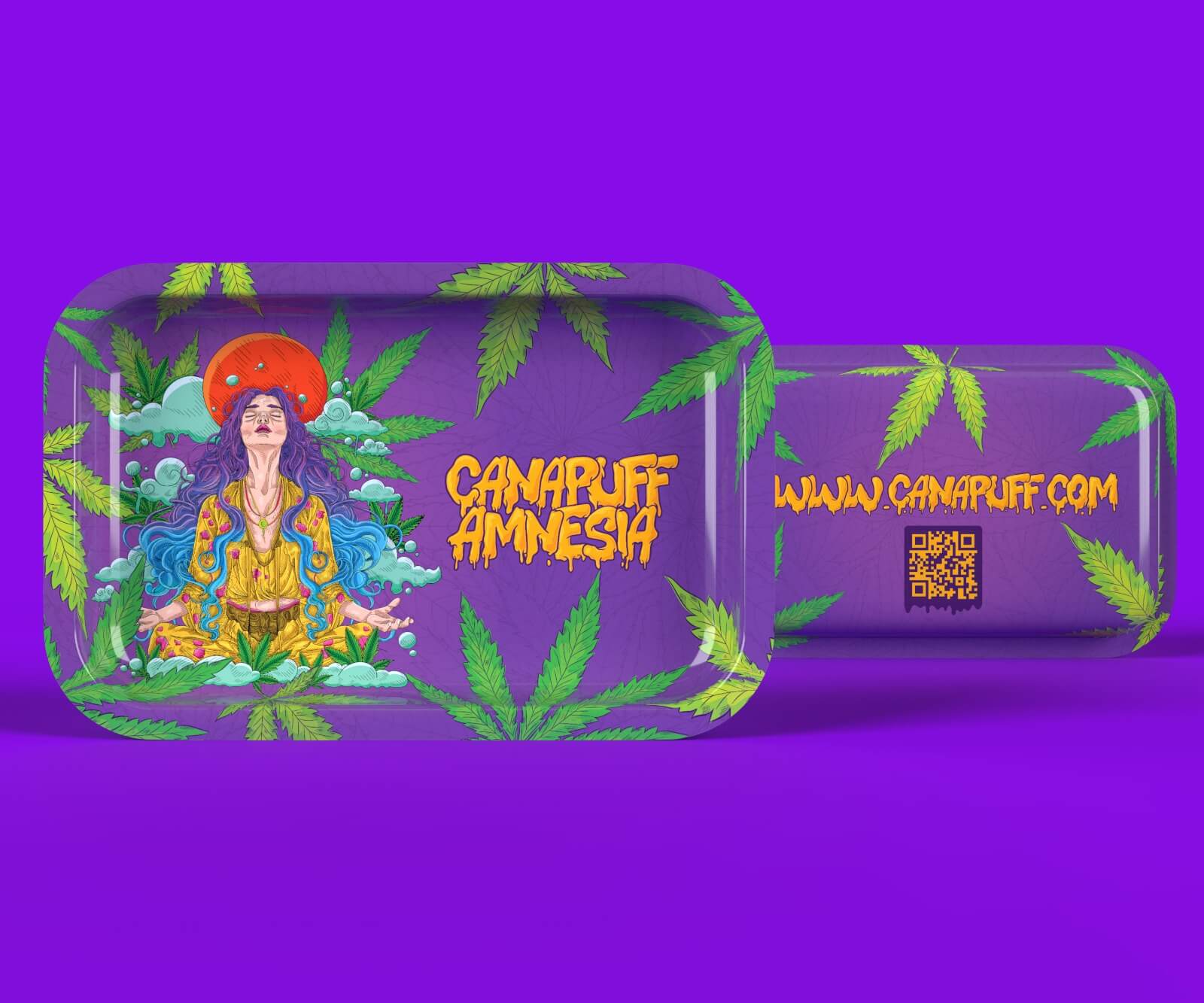 Canapuff Amnesia large rolling tray with hemp leaf design and website branding