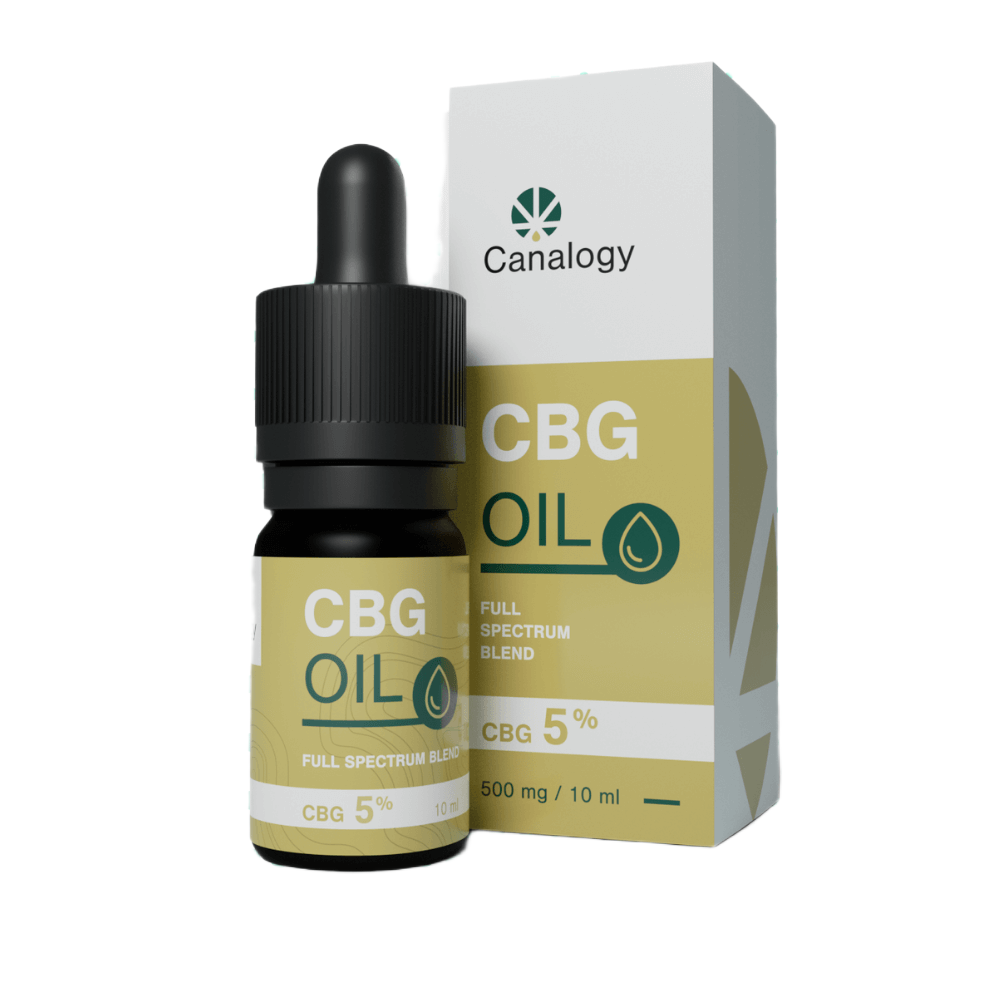 Canalogy CBG Oil 5%, 500 mg, 10 ml bottle with dropper and full spectrum blend box