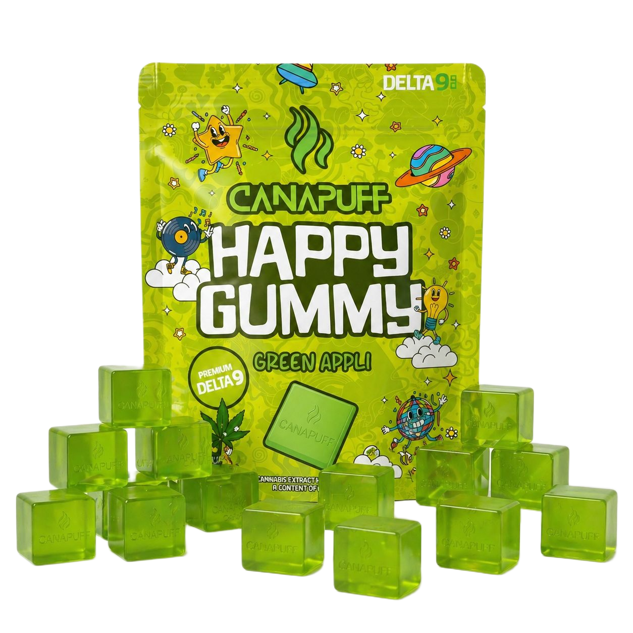 Canapuff Happy Gummy Delta-9 Green Appli, gummies pack