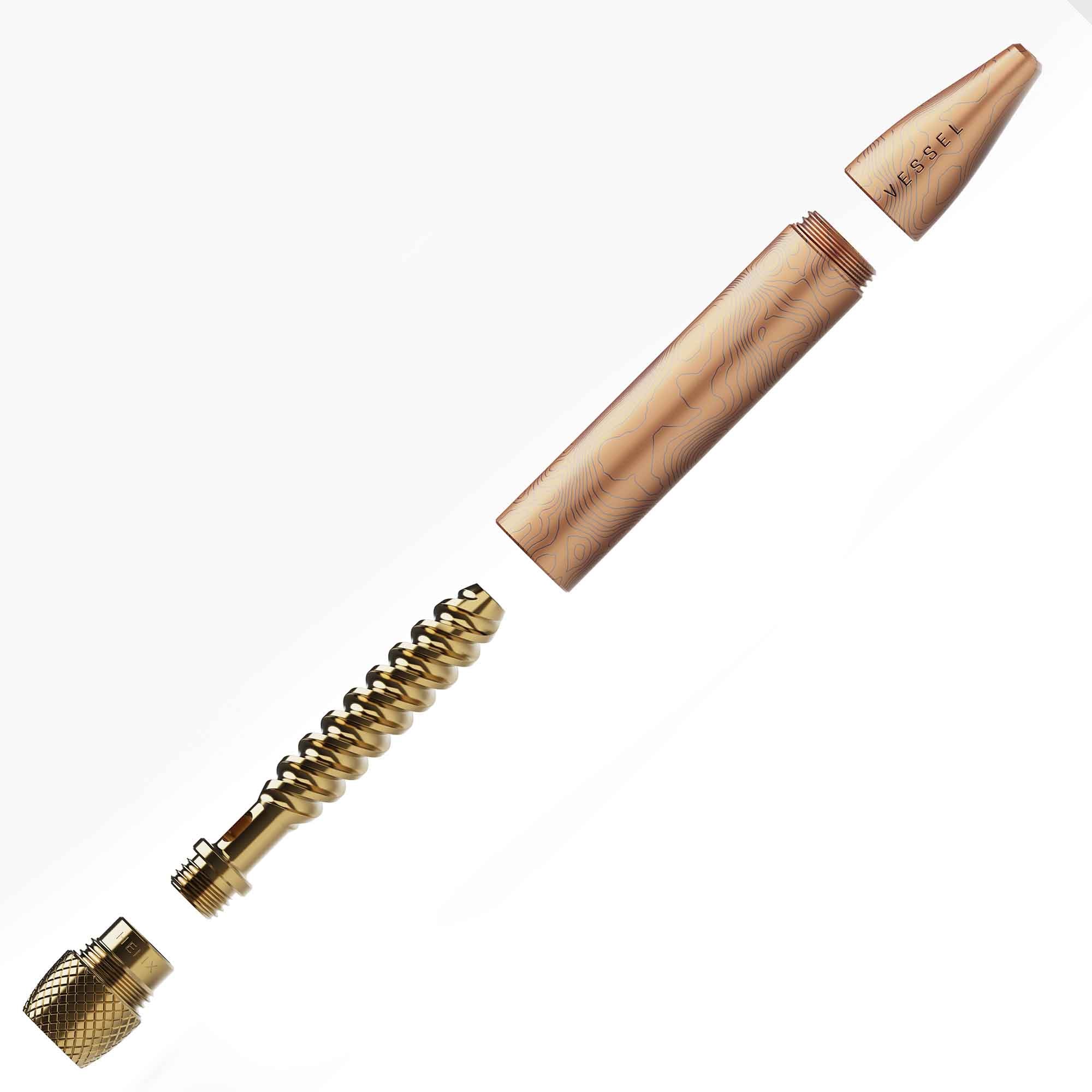 Vessel One Hitter Rose Gold disassembled with wooden cone and metal components