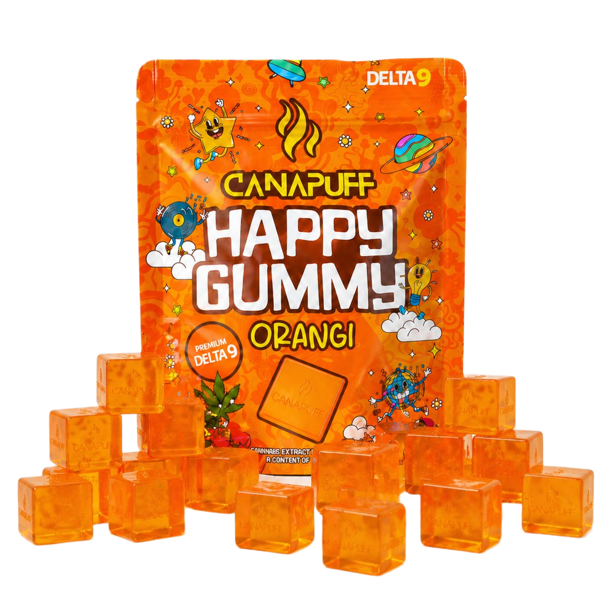 Canapuff Happy Gummy Orange Delta-9 THC gummies pouch with individual gummies displayed