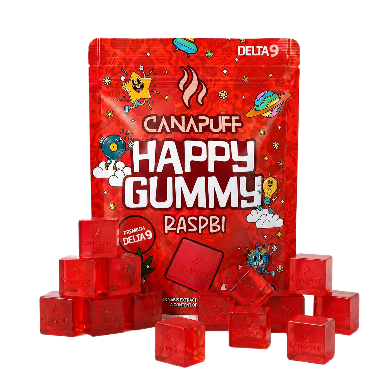 Canapuff Happy Gummy Delta 9 Raspberry gummies pouch with individual gummy cubes